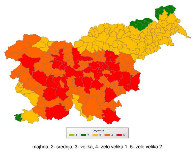 Slika: Potresna ogroženost slovenskih občin (Vir: Uprava za zaščito in reševanje, izpostava Celje, 2020)